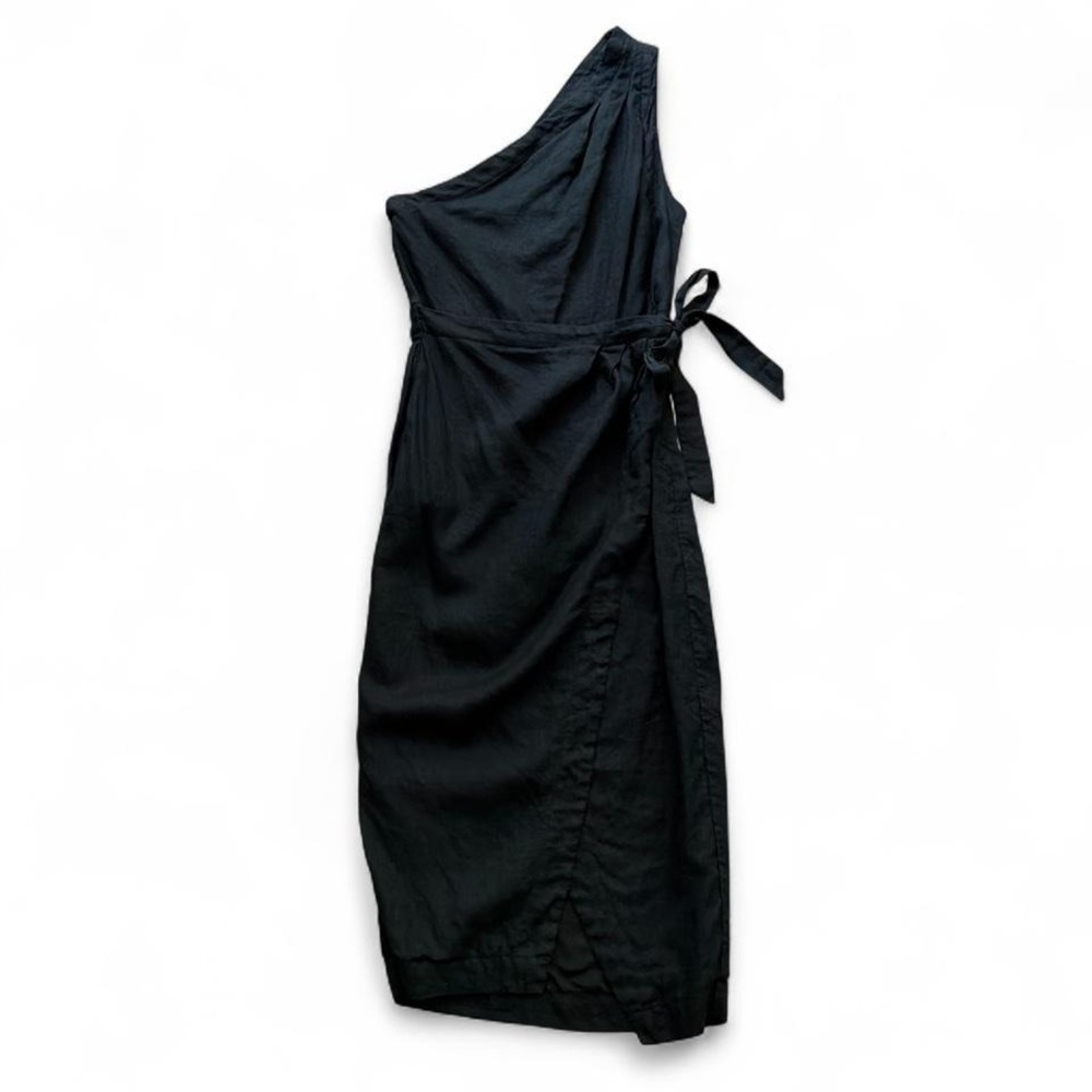 Anthropologie navy blue one shoulder linen midi dress
